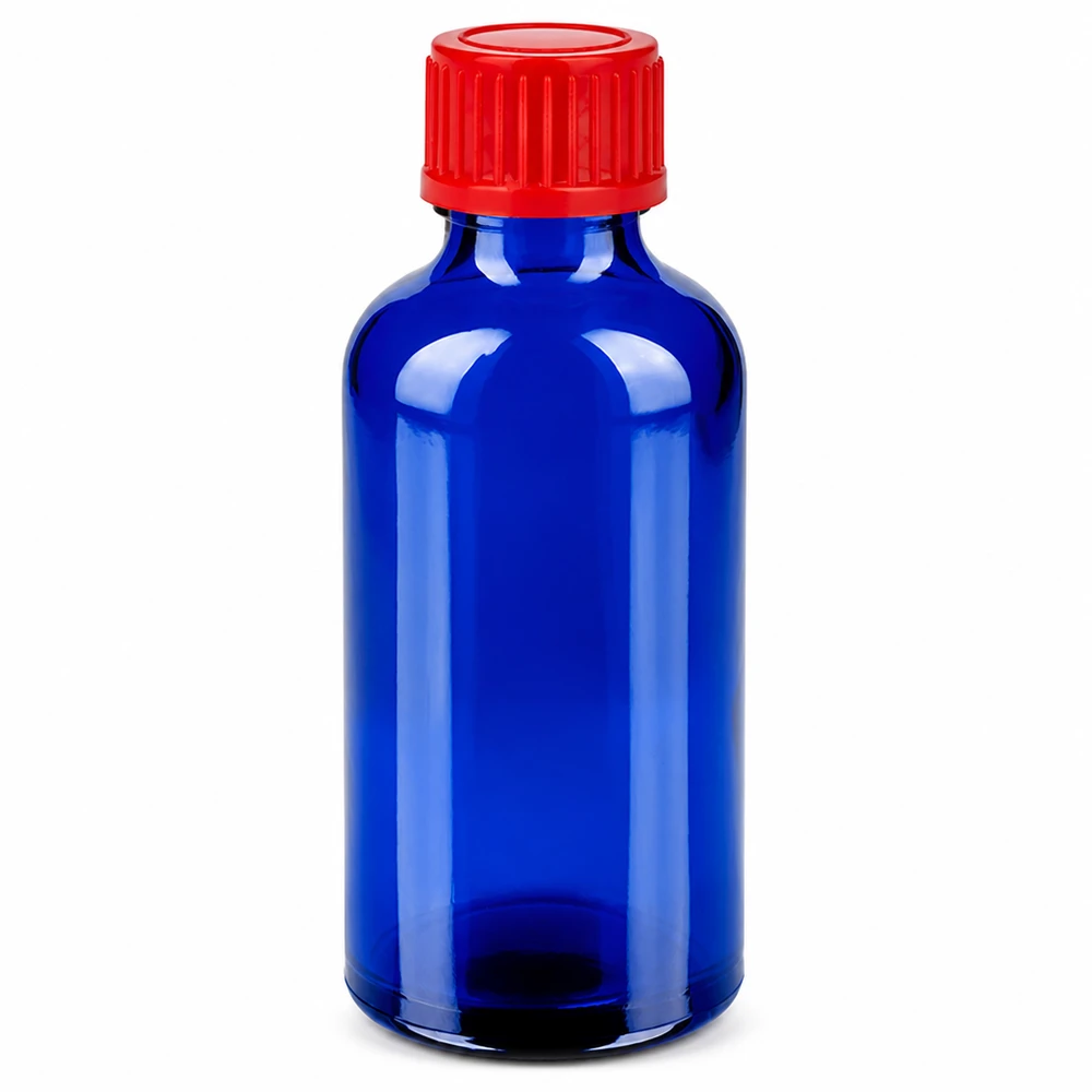 50ml sininen lasipullo punaisella kierrekorkilla 11mm SV BlueLine UT18/50