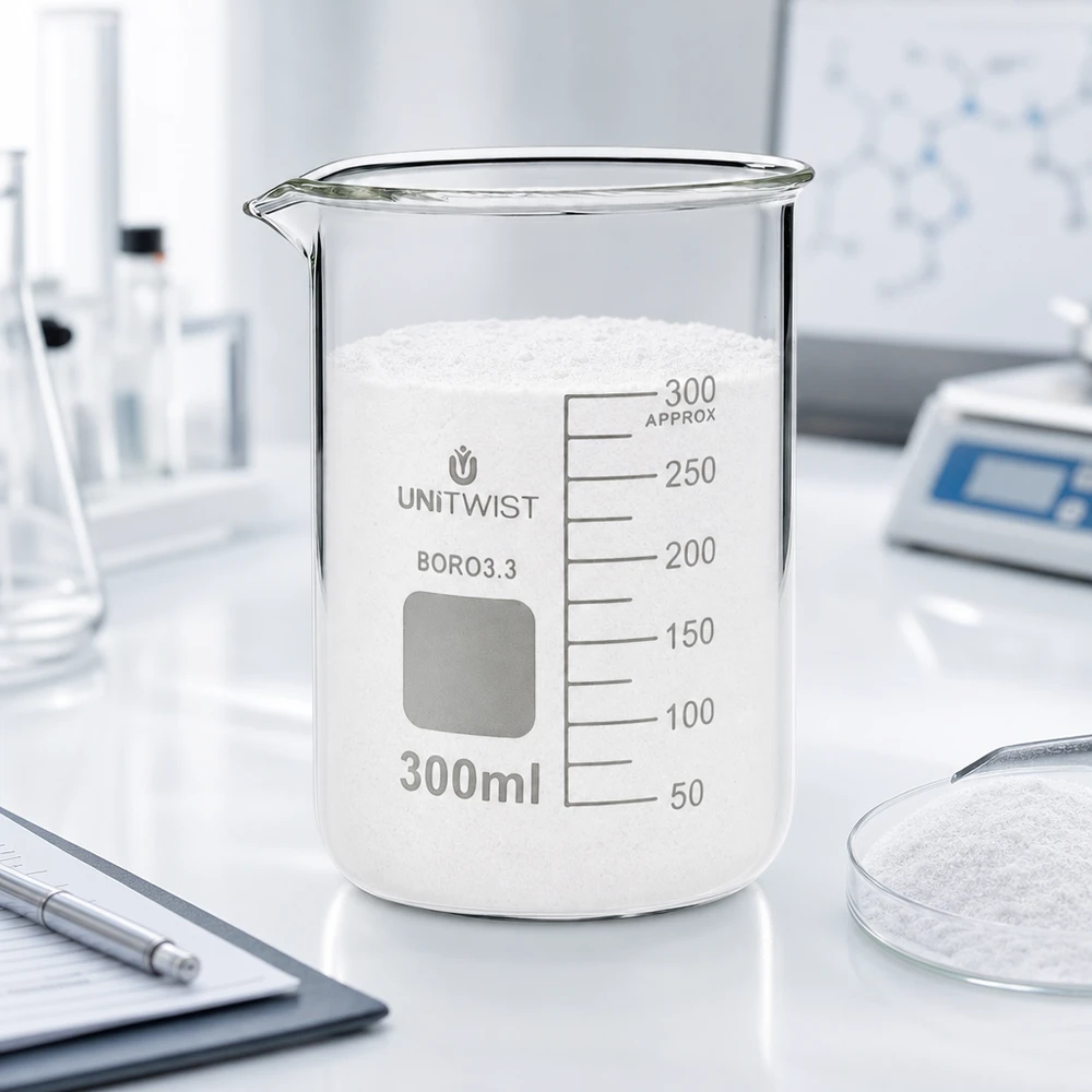 UNiTWIST-lasikulho, 300 ml, täytetty valkoisella jauheella, laboratoriopöydällä vaa’an vieressä