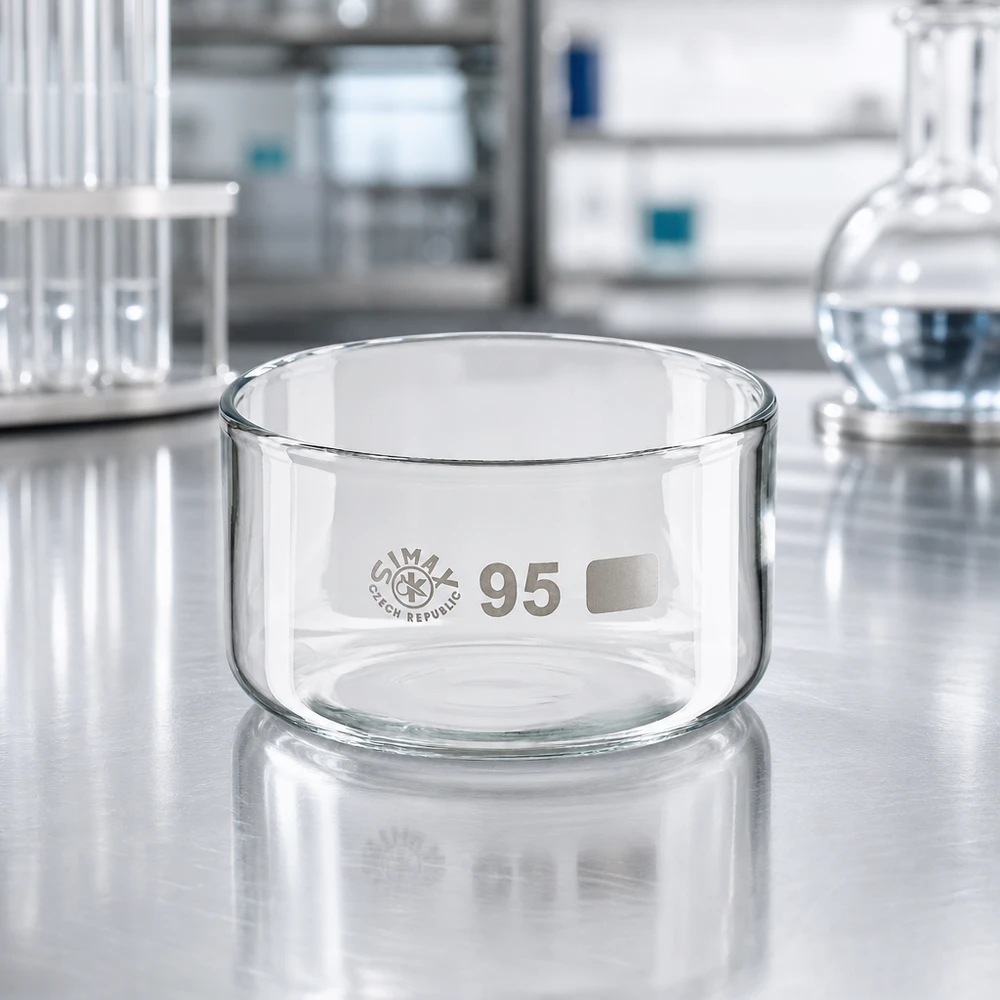 Kiteytysastia 300 ml, Simax-borosilikaattilasi, ruostumattomasta teräksestä valmistettu pöytämalli, laboratoriomallinen, pyöreä, tasainen pohja