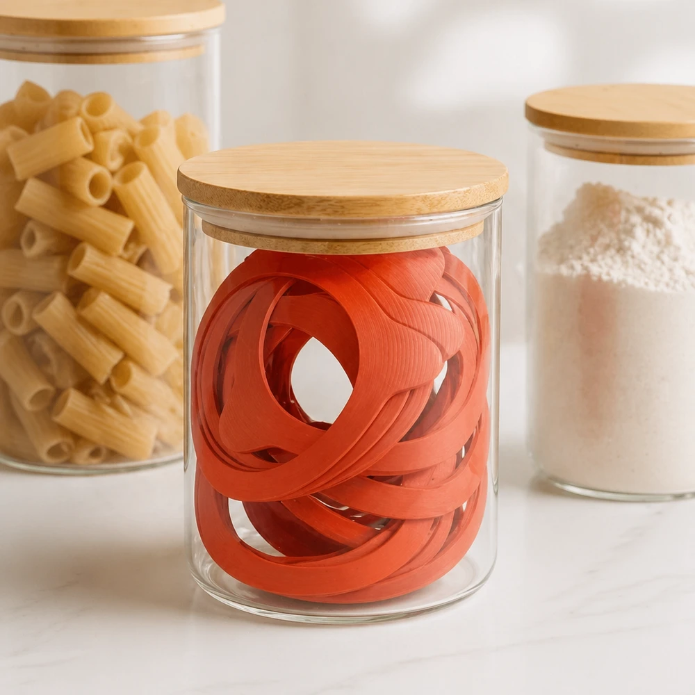 Tiivistysrengas, luonnonkumi RR80 Orangefarbene Einkochringe RR80 in stylischem Glasvorratsgefäß mit Holzdeckel neben Pasta und Mehl in moderner Küche