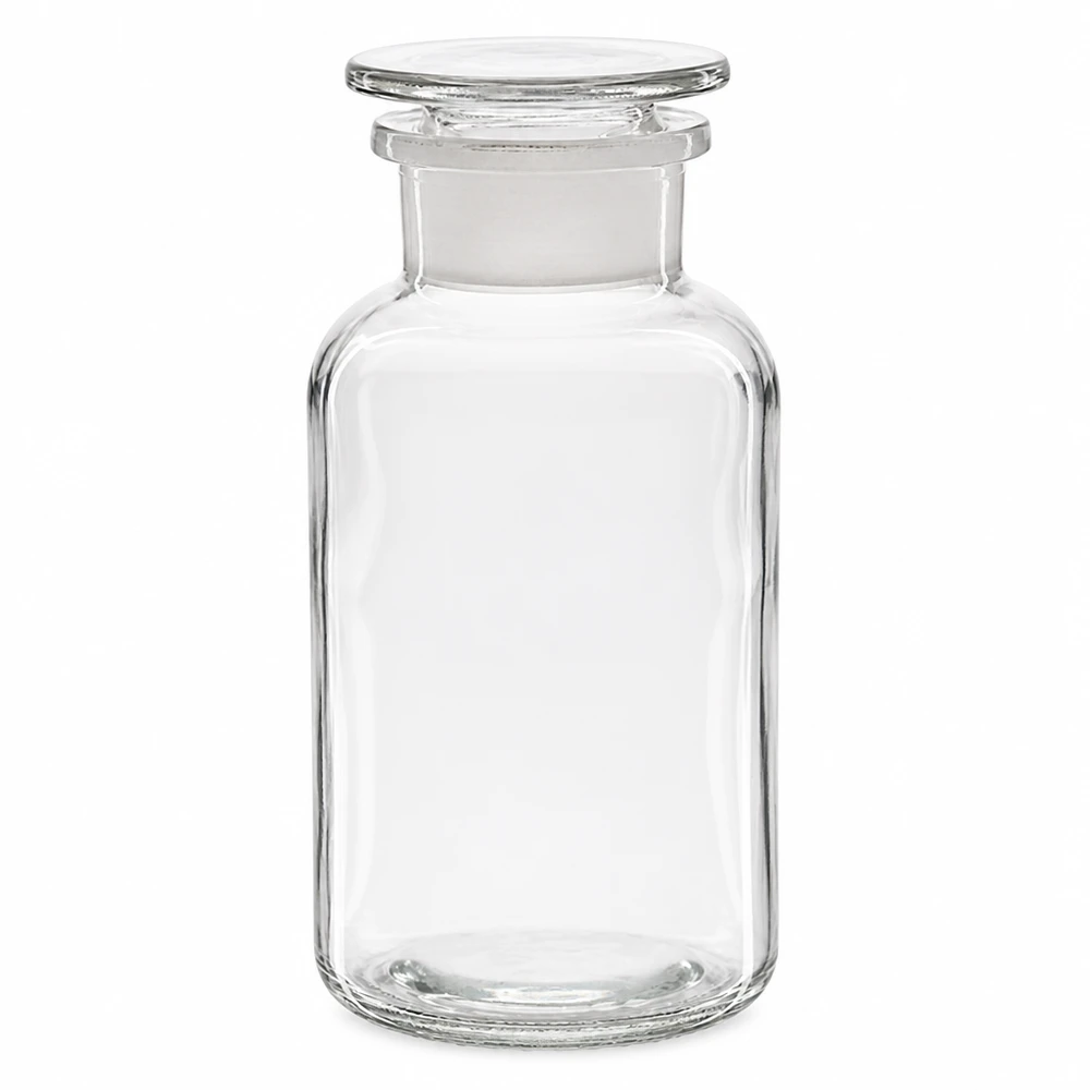 Pyöreäolkapullopullo, 500 ml, kirkas, lasitulpalla, leveäkaulainen, laboratorio- ja apteekkikäyttöön