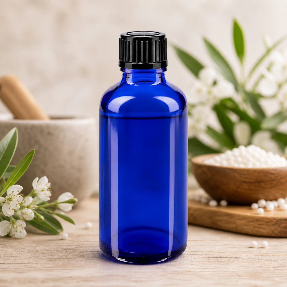 Apteekkipullo sininen 50ml tippapullo korkki 1mm musta standardi 50 ml:n tiputuspullo koboltinsinisestä apteekkilasista, jossa on musta lapsiturvallinen korkki