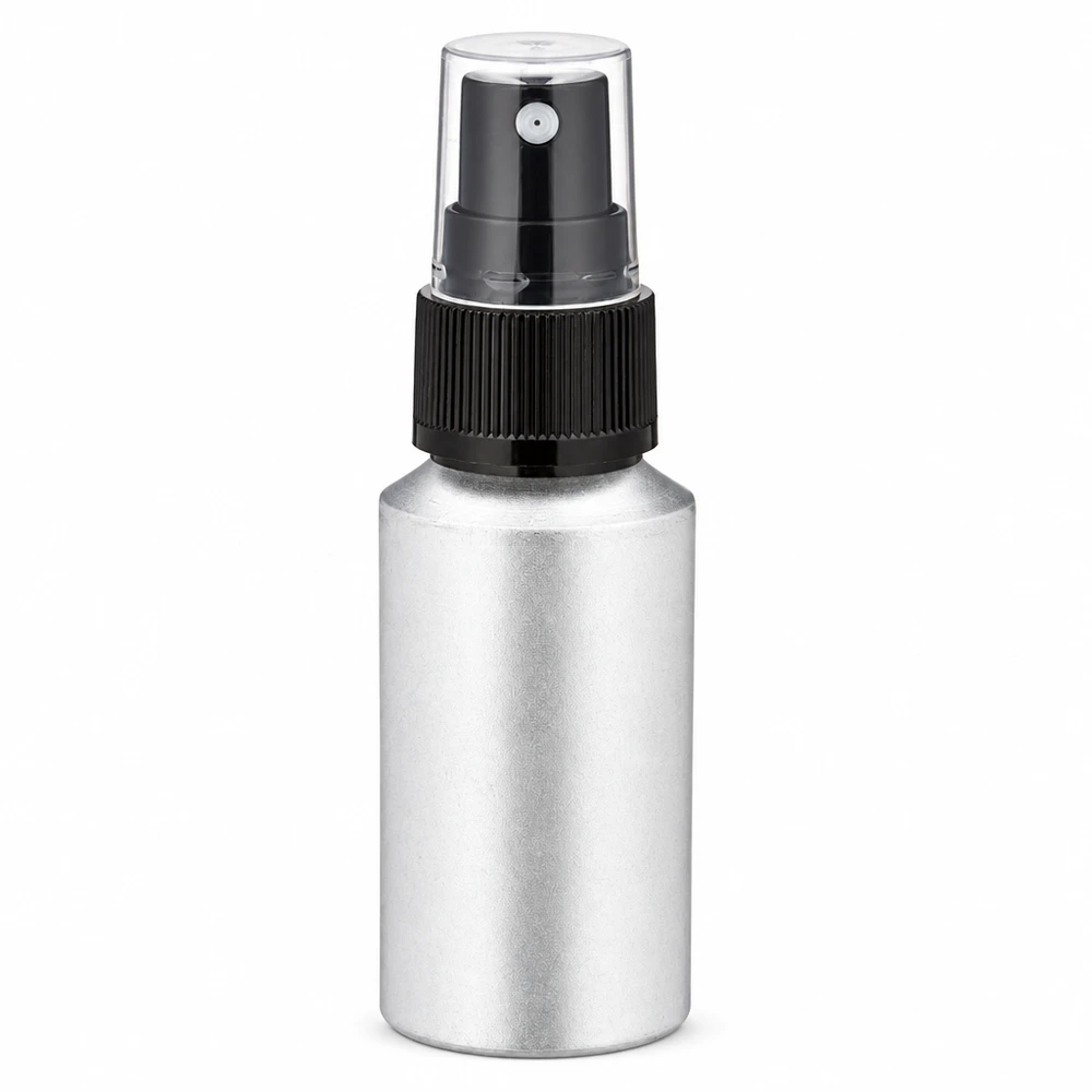 30ml petsattu alumiinipullo, jossa on sumutin 30ml alumiinipullo hopeisella suihkupäällä kosmetiikkaan ja hajuvesiin.