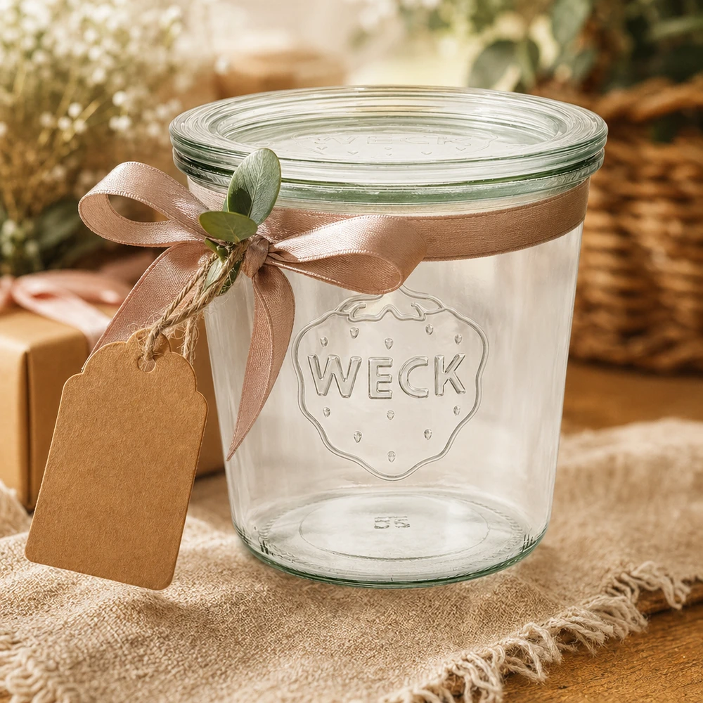WECK tumblers 580ml RR100 koristeltu ruskealla rusetilla ja lahjatunnisteella lahjapakkausideana.
