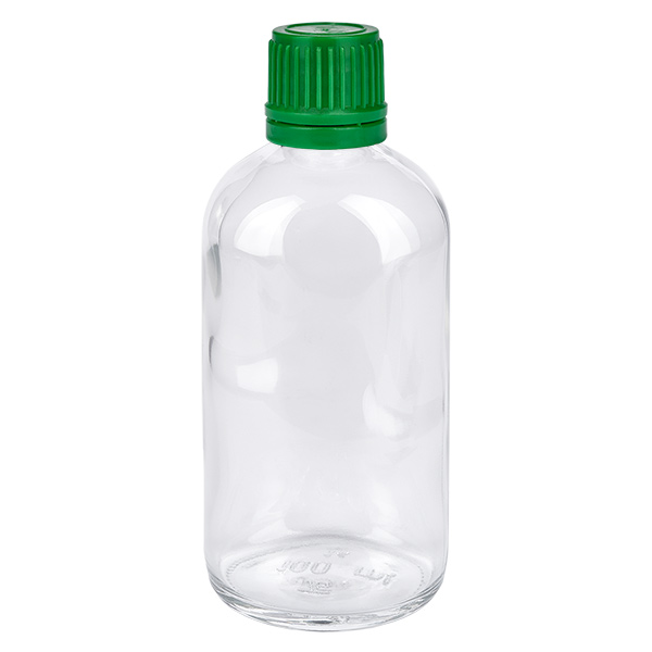 100ml pullo 11mm kierrekorkki vihreä väärentämisen estävä korkki ClearLine UT18/100 100 ml:n kirkaslasipullo, jossa on vihreä kierrekorkki, 11 mm, ClearLine-laboratoriopullo UT18