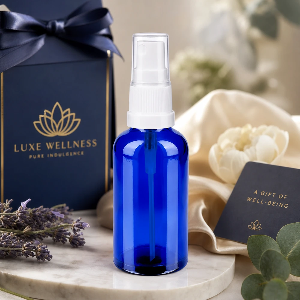 50ml suihkepullo valkoinen/läpinäkyvä vakiokorkki BlueLine UT18/50 BlueLine UT18/50 Laadukas 50 ml:n lasinen suihkepullo, jossa on UV-suoja sinisen värin ansiosta valolle herkille aineille.