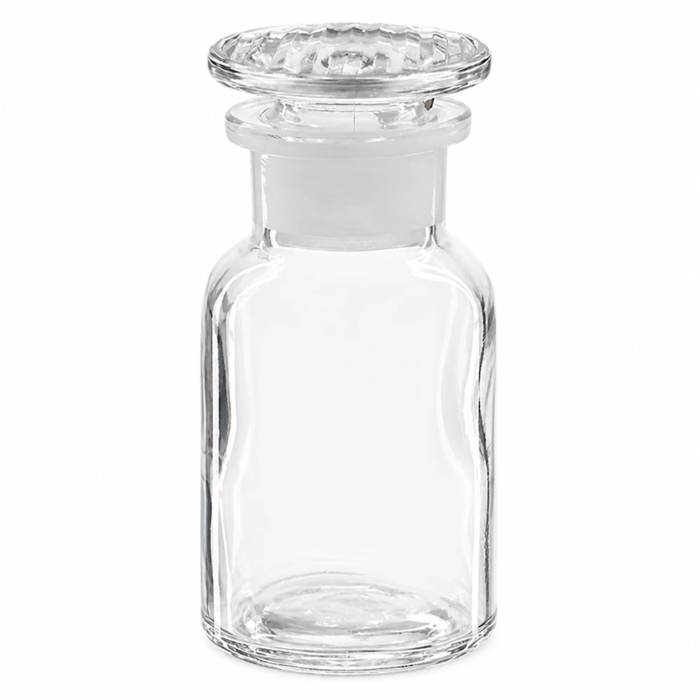Pyöreä olkapääpullo 100ml kirkas leveäkaulainen lasitulppa Tyhjä 100 ml:n lasipullo, jossa on leveä kaula ja lasitulppa, kemiallisille reagensseille