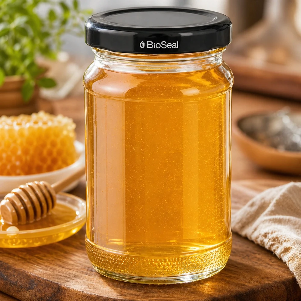 110ml pyöreä purkki + BioSeal-kansi musta UNiTWIST UNiTWIST Runda110 täynnä kultaista hunajaa - musta TO48 BioSeal kansi - hunajapurkki puulusikalla ja hunajakennolla.