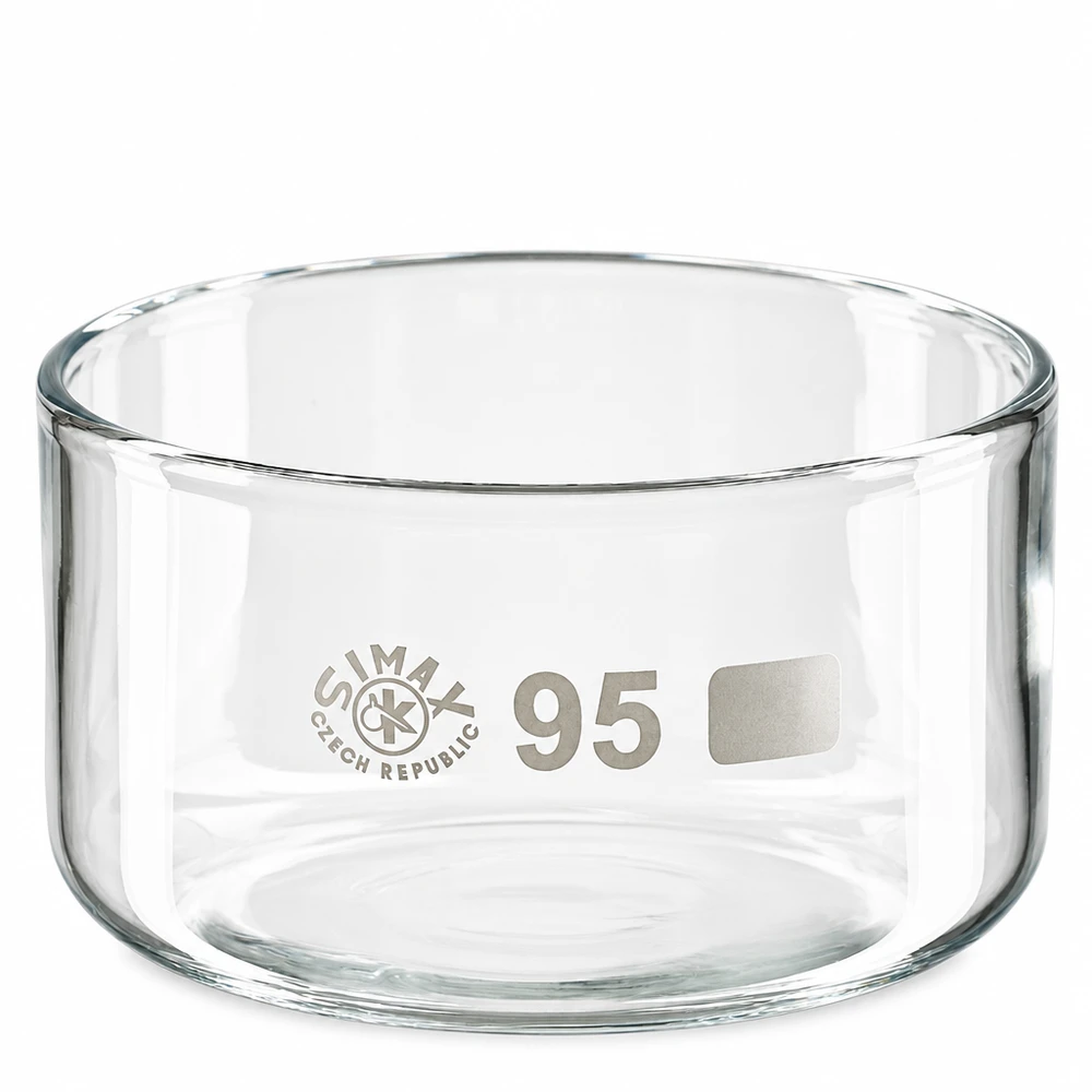 300ml kiteytysastia ilman kantta borosilikaatti ø95mm 300 ml:n kiteytysastia borosilikaattilasista, ilman kaatoaukkoa, läpinäkyvä, sylinterimäinen, halkaisija 95 mm