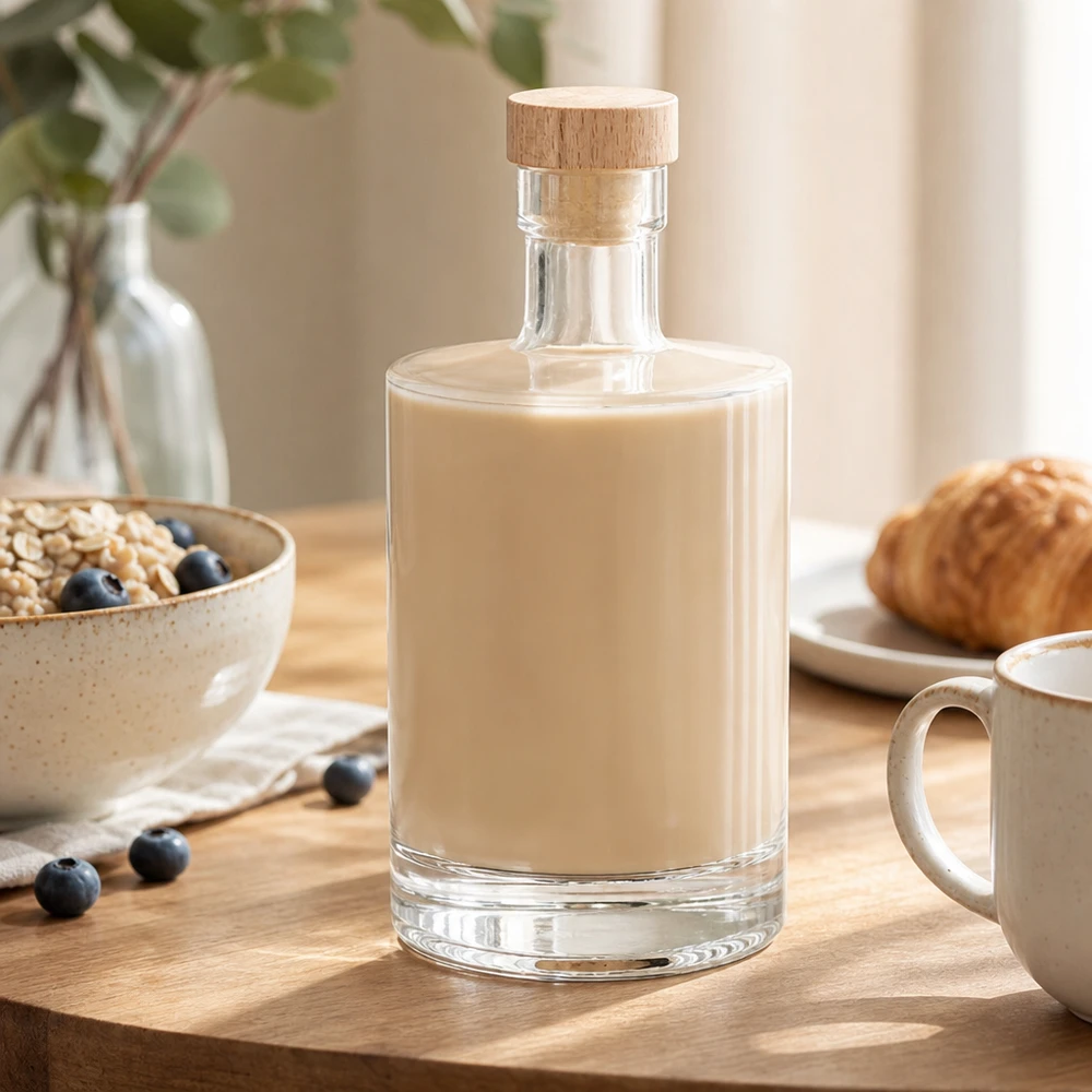 500ml Glasflasche "Marie" mit Holzgriff-Korken UNiTWIST 500ml lasipullo Marie täytetty kermaisella liköörillä - puukorkki UNiTWIST - aamiaispöydän maisema myslin kanssa