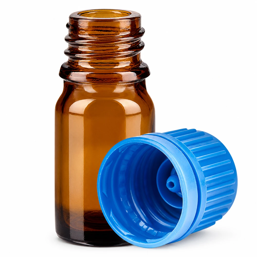 5ml meripihkanvärinen lasipullo, jossa on sininen kierrekorkki laboratoriosovelluksiin ja näytteiden säilytykseen.