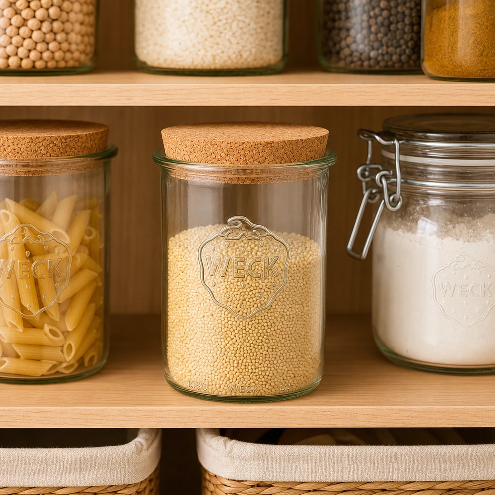 WECK Sturzglas RR100 1000ml mit Korkdeckel in organisierter Vorratsküche Pantry mit Getreide Pasta und Mehl