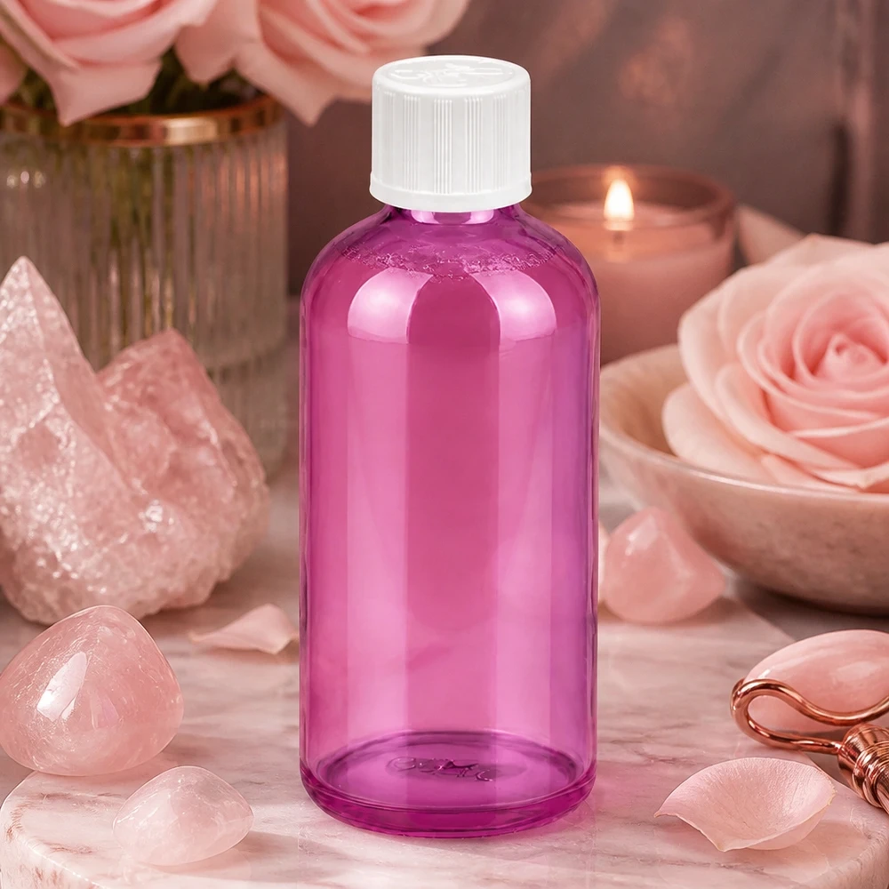 Violetti lasipullo 100ml, jossa on tarkka 1.2mm tippaputki aromaterapiasovelluksiin.