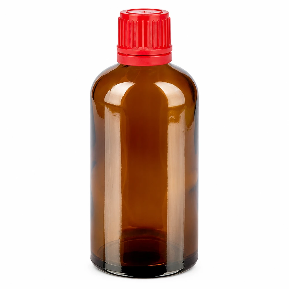 100ml meripihkanvärinen lasipullo punaisella korkilla - apteekkilaatua turvalliseen säilytykseen.