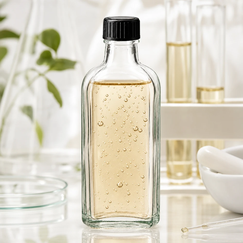 100 ml Meplat kirkas kierrekorkki, jossa on LKD-sulkukiekko: 100 ml Meplat kirkas kierrekorkki, jossa on LKD-sulkulevy Suorakulmainen, 100 ml:n Meplat-lasipullo, jossa on kuplia sisältävää seerumia ja musta kierrekorkki