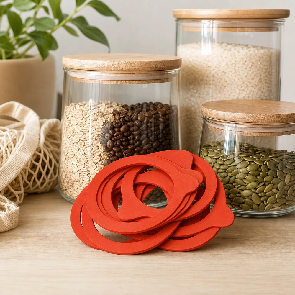 Einkochring RR80 Naturgummi rot in moderner Vorratsküche mit Vorratsgläsern Reis Kaffee Samen Mesh-Beutel