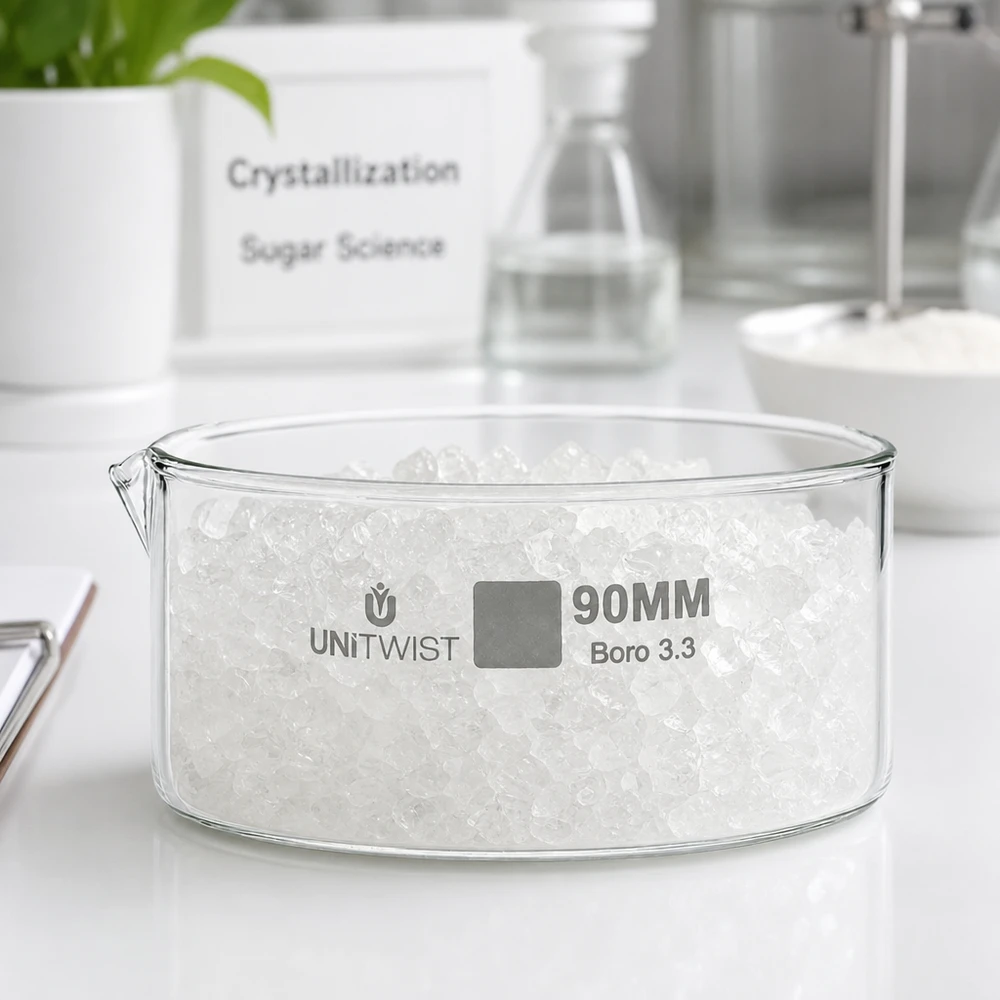 Kiteytysastia ø90mm borosilikaattilasi UNiTWIST UNiTWIST 90 mm:n UNiTWIST-kiteytysastia, jossa valkoisia sokerikiteitä, borosilikaattilasi, laboratoriokäyttöön