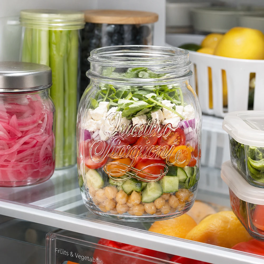 700ml pyöreä purkki "Quattro Stagioni" QS86mm. Quattro Stagioni 700ml Haushaltsglas mit Schichtsalat im Kühlschrank - praktische Glasaufbewahrung für Meal Prep und Vor