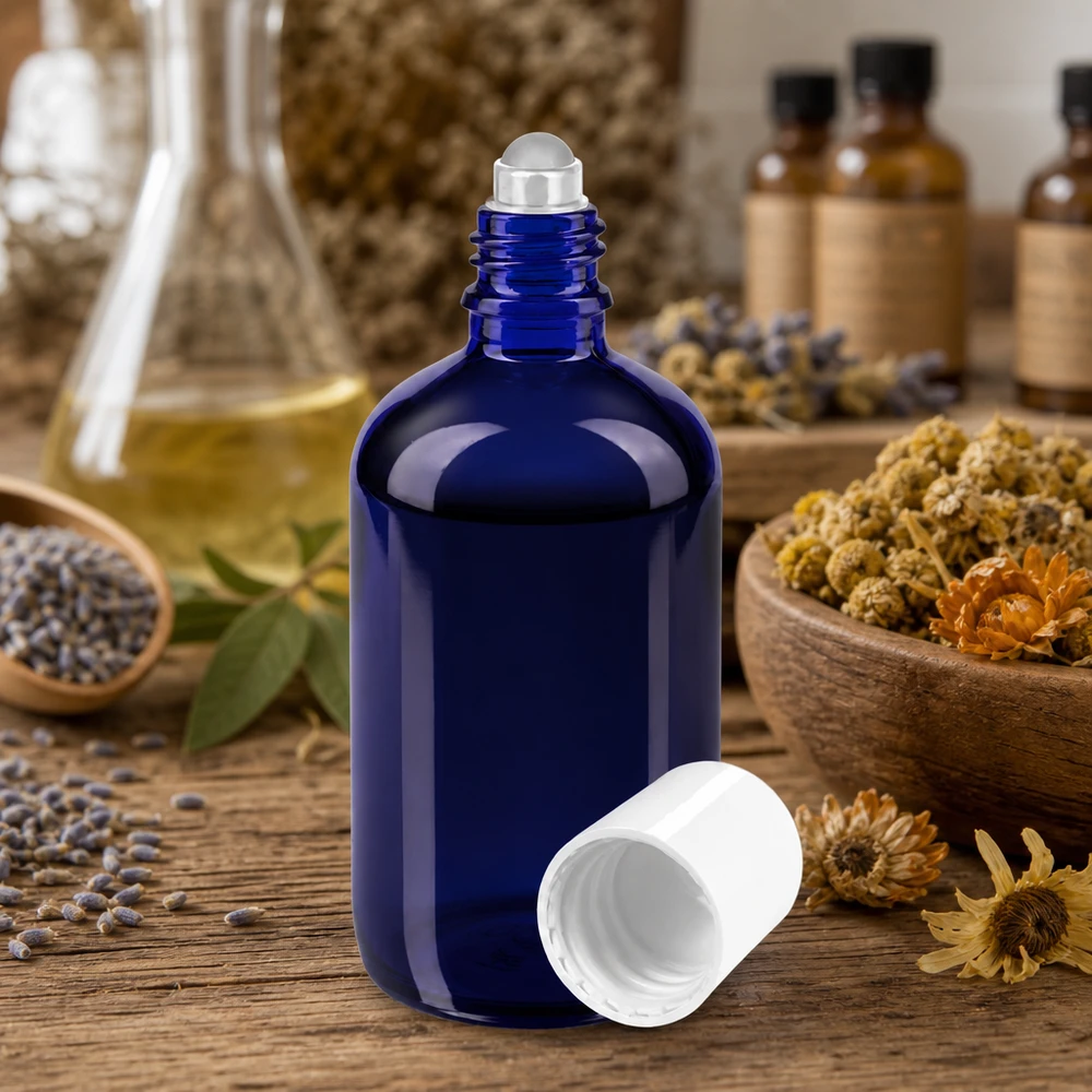 Apteekkipullo sininen 100ml roll-on korkki valkoinen 100 ml:n sininen apteekkilasipullo, jossa on rullasovitin kuivattujen yrttien ja kukkien keskellä