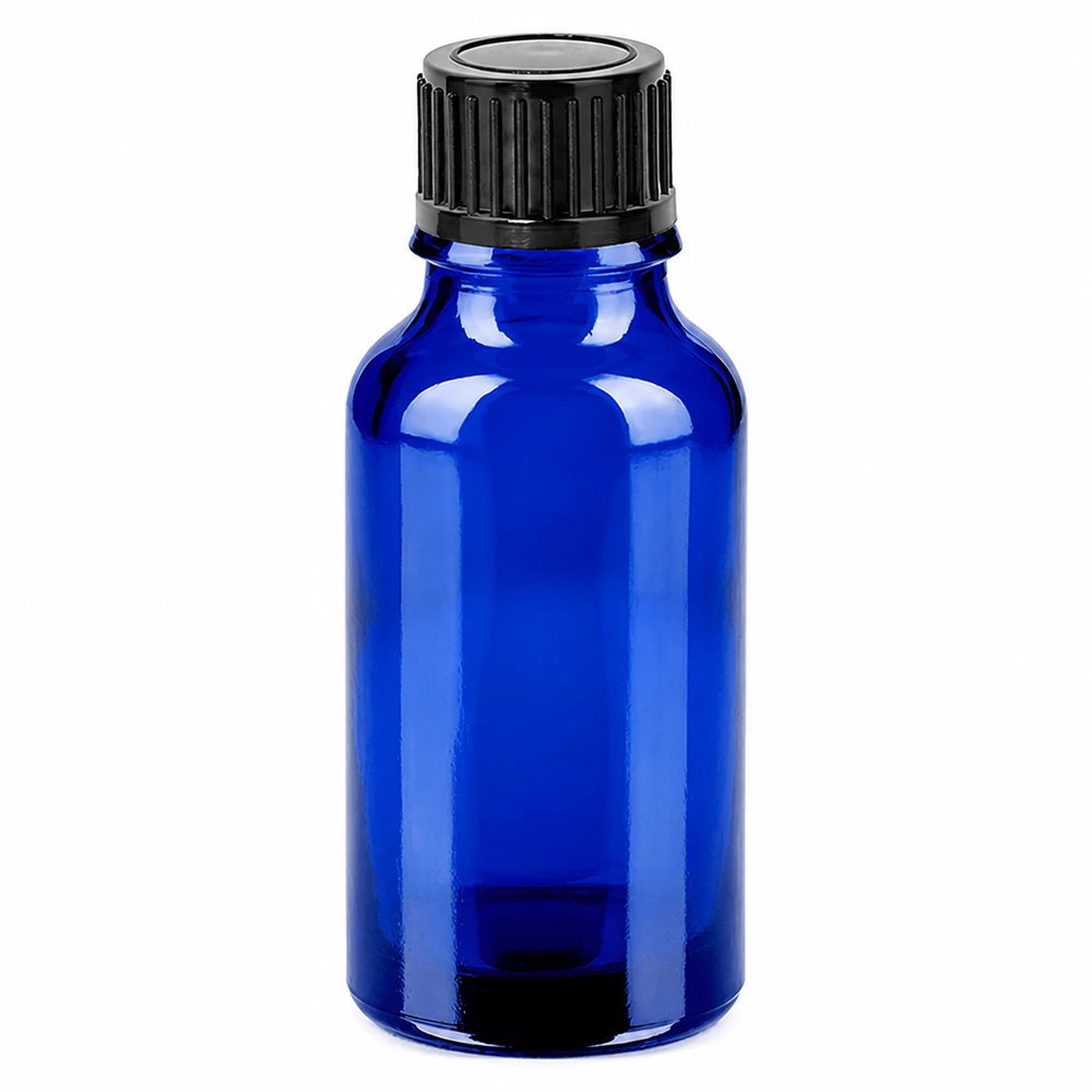 20ml pullo 11mm kierrekorkki musta Standard BlueLine UT18/20 Standard BlueLine UT18/20 Sininen lasipullo 20ml mustalla kierrekorkilla SV 11mm eteerisille öljyille ja kosmetiikalle.