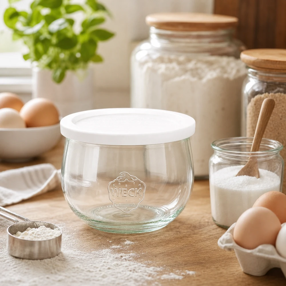 580ml tulppaanipurkki kannella WECK RR100 WECK tulppaanipurkki 580ml RR100 tyhjä, jossa on tuoreuden kansi leivontaan keittiössä jauhojen, munien ja leivonta-aineiden ympäröimänä.
