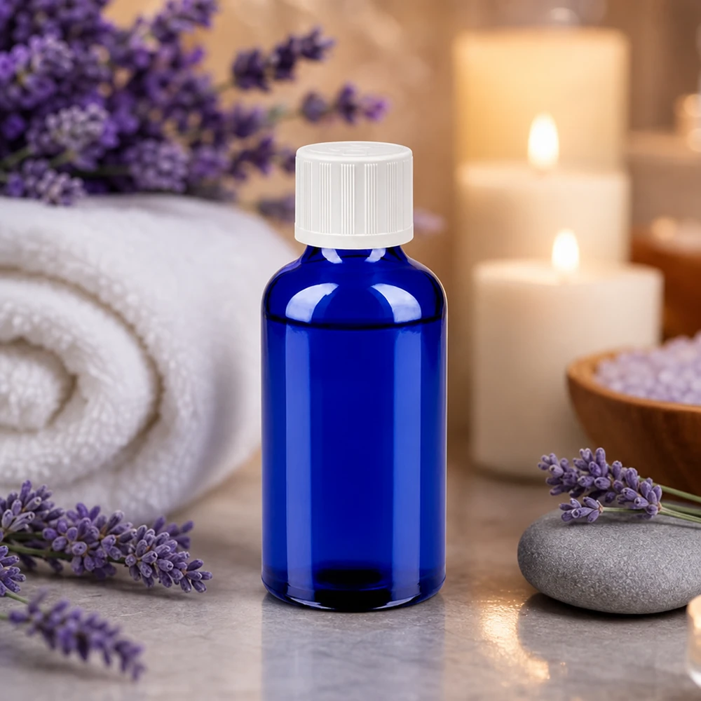 Elegantti 50ml pullo koboltin sinistä, jossa on käytännöllinen 11mm kierrekorkki aromaterapiaa varten.