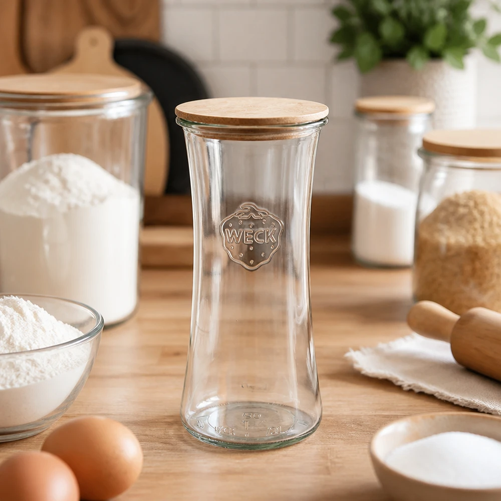 WECK herkkupurkki 700ml RR80 tyhjä bambukannella keittiössä ympäröivät leivonta-aineet jauhot munat säilytyspurkit