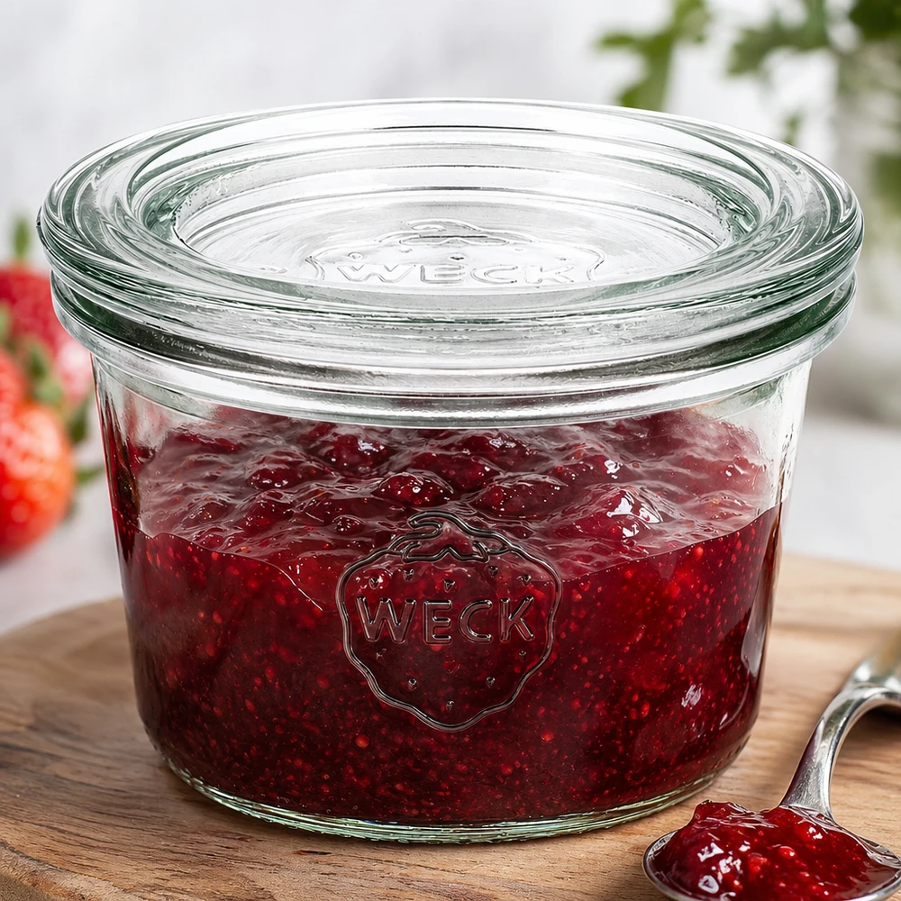 Punaisella mansikkahillolla täytetty WECK 80ml RR60-purkki osoittaa käytännön käyttöä hillon säilyttämiseen.