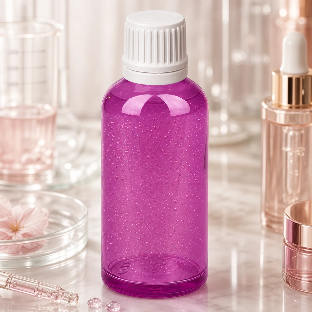 Violetti läpinäkyvä muovipullo 50ml, jossa on tarkka 0.7mm tippa-aukko laboratoriosovelluksiin.