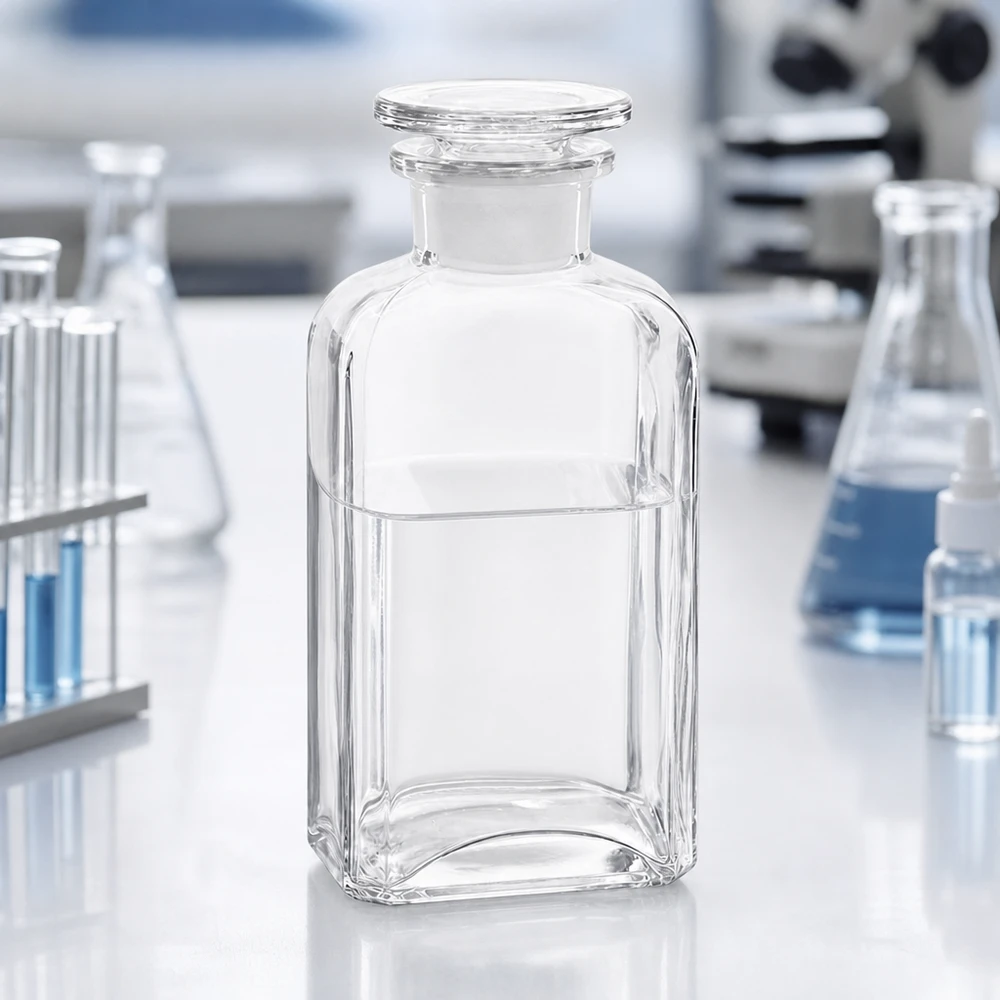 Nelikulmainen pullo 250ml kirkas leveäkaulainen lasitulppa 250 ml:n neliömäinen kirkaslasipullo, jossa on leveä kaula ja lasitulppa, laboratoriopöydällä mikroskoopin vieressä