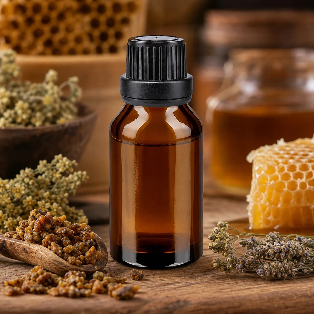 Apteekkipullo ruskea 15ml ruuvikorkki musta peukaloitava sulkeminen Ruskealasiinen apteekkipullo, 15 ml, sisältää propolis-hunajakennoja ja lääkekasveja luonnontuotteisiin