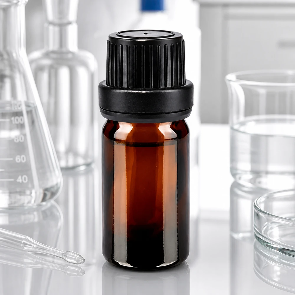 Apteekkipullo ruskea 5ml ruuvikorkki musta näpistysvarma suljin Ruskea 5 ml:n lasipullo, jossa on musta 11 mm:n tippakorkki, laboratoriokäyttöön
