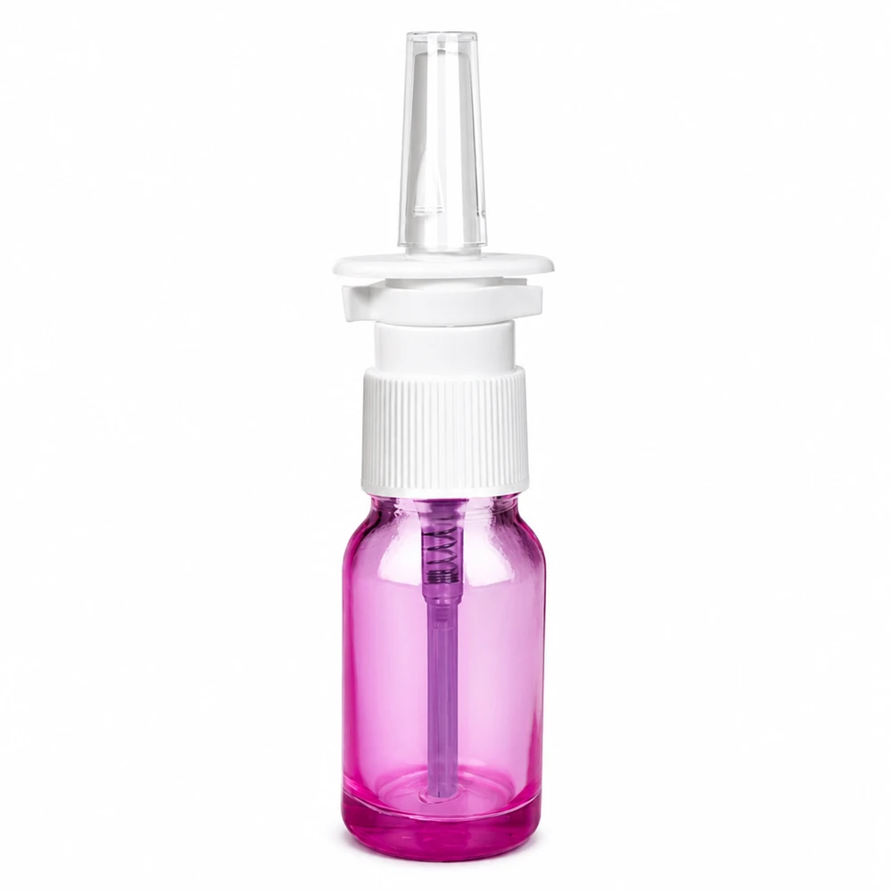 10ml nenäsumutinpullo valkoinen/läpinäkyvä standardi PurpleLine. UT18/10 10ml nenäsumutepullo läpinäkyvä violetti nenälääkkeille ja sumuteliuoksille