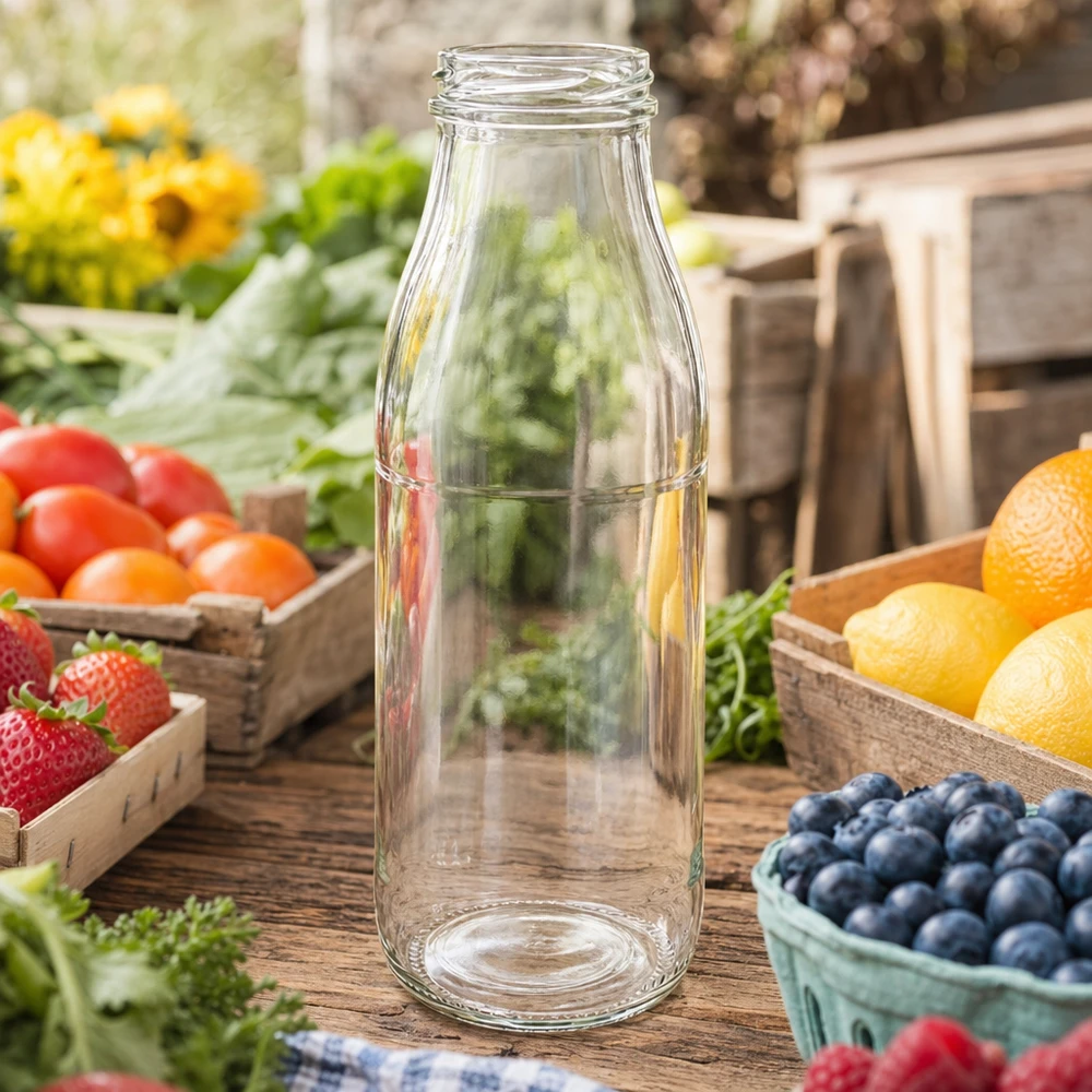 500ml lasipullo ilman kantta (TO48) UNiTWIST 500ml lasipullo TO48 UNiTWIST tyhjänä maalaismaisella puupöydällä, jota ympäröivät tuoreet hedelmät ja vihannekset puulaatikoissa.
