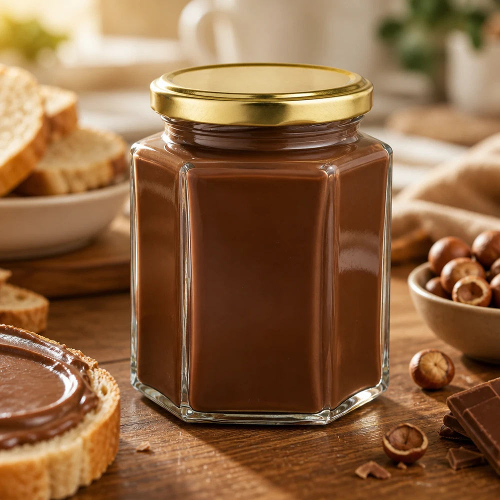 191 ml:n Hexaglas UNiTWIST -purkki, jossa on kultainen BasicSeal-kansi, täytettynä pähkinä-nougat-voiteella, puupöydällä