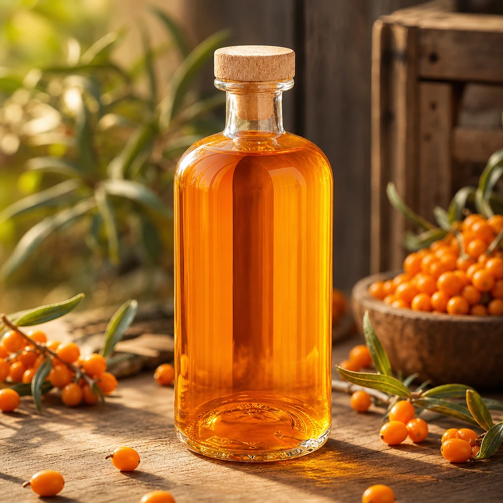 500ml lasipullo Flora puukorkilla oranssi tyrniöljy tyrnimarjojen välissä puupöydällä luonnontuote puupöydällä