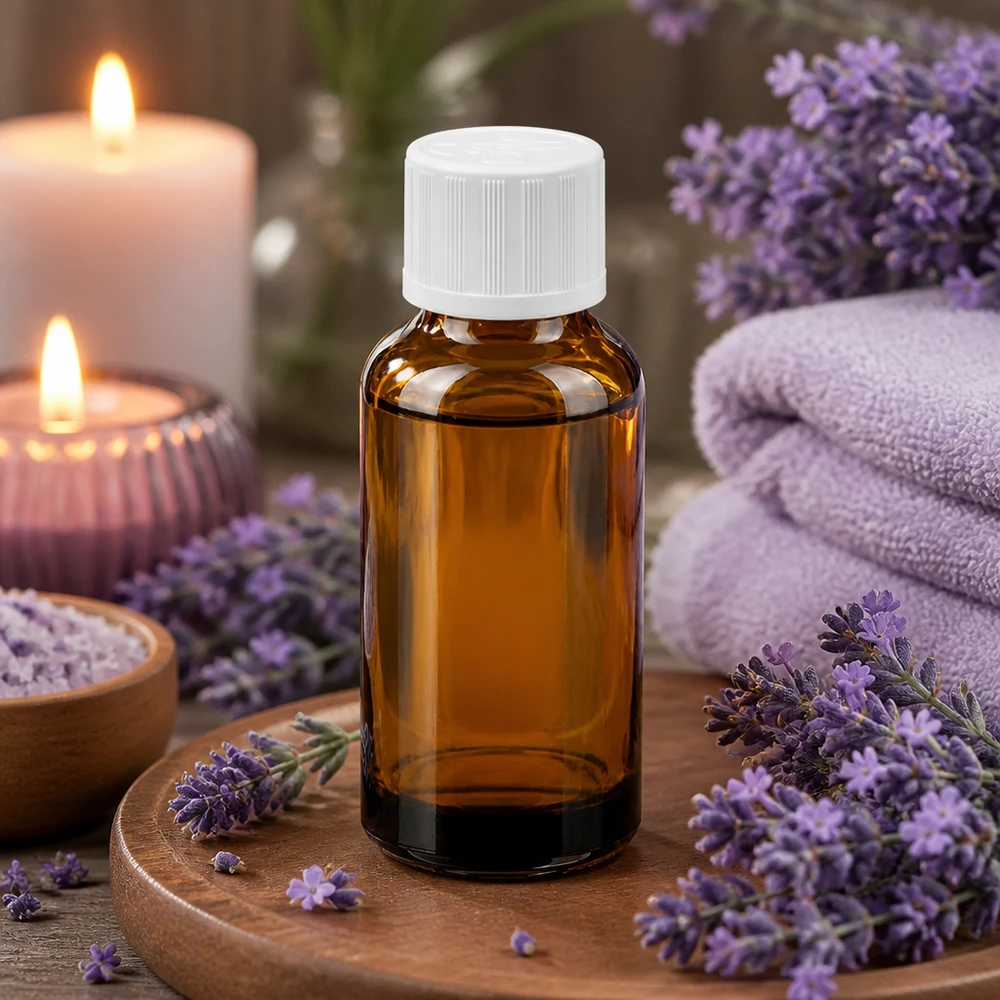 Pieni 30ml lasipullo ruskealla käytännöllisellä kierrekorkilla eteerisille öljyille.