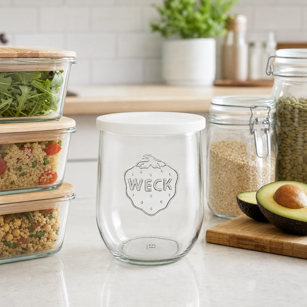 1062ml tulppaanipurkki, jossa on raikkauskansi WECK RR100 WECK Tulpenglas 1062ml RR100 auf Küchenarbeitsplatte zwischen Vorratsgläsern und Avocado als stilvolles Küchenzubehör