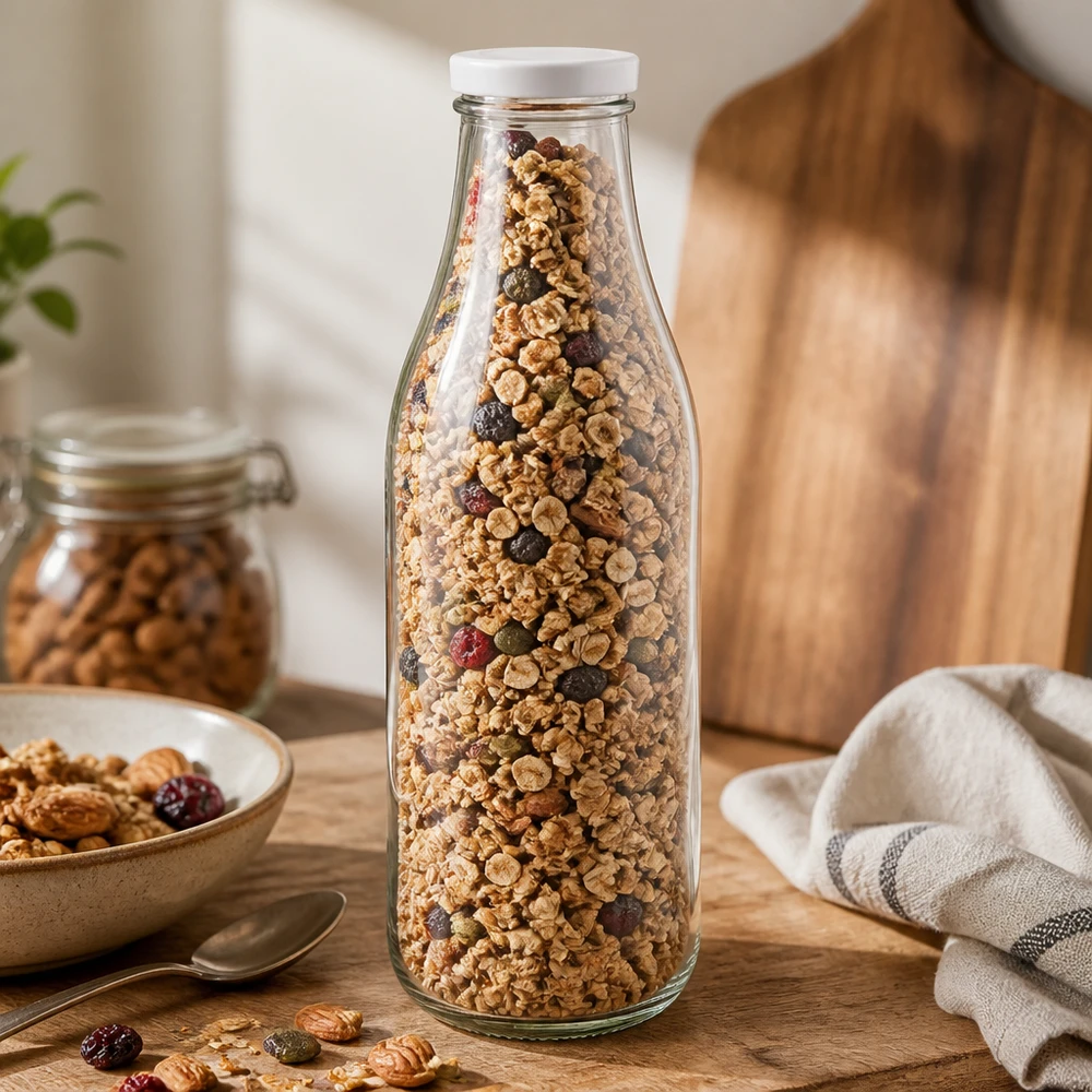 1000ml lasipullo + BasicSeal-kansi valkoinen UNiTWIST 1000ml lasipullo BasicSeal-kannella valkoinen täynnä mysliä mysliä pähkinöitä kuivattuja hedelmiä varastointi