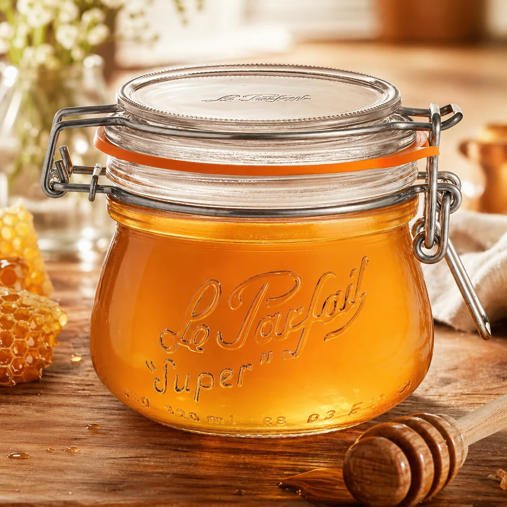 250ml Vorratsglas "Super" mit Bügelverschluss Le Parfait® 250ml Le Parfait Super -säilytyspurkki, jossa on kääntyvä korkki ja joka on täytetty hunajalla, puulauta ja hunajalusikka.