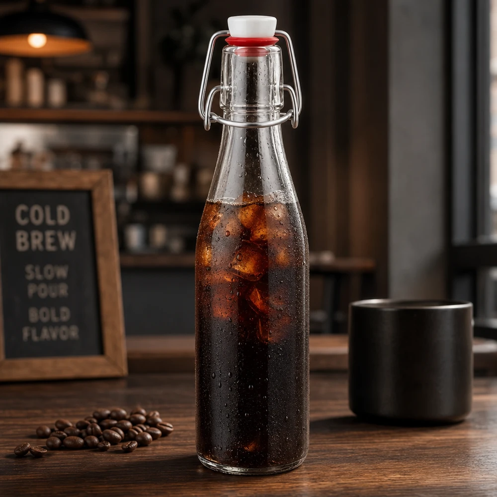 250ml lasipullo + keinuposliini UNiTWIST UNiTWIST 250ml Glasflasche mit Bügelverschluss für Cold Brew Kaffee, edle Vintage-Optik mit Kaffeebohnen und schwarzer Tasse