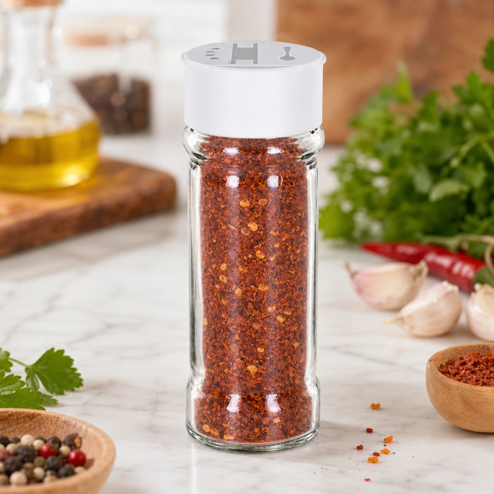 100 ml:n maustepurkki, joka on täytetty chilihiutaleilla ja varustettu valkoisella kaksoisripottelukannella, marmorialustalla