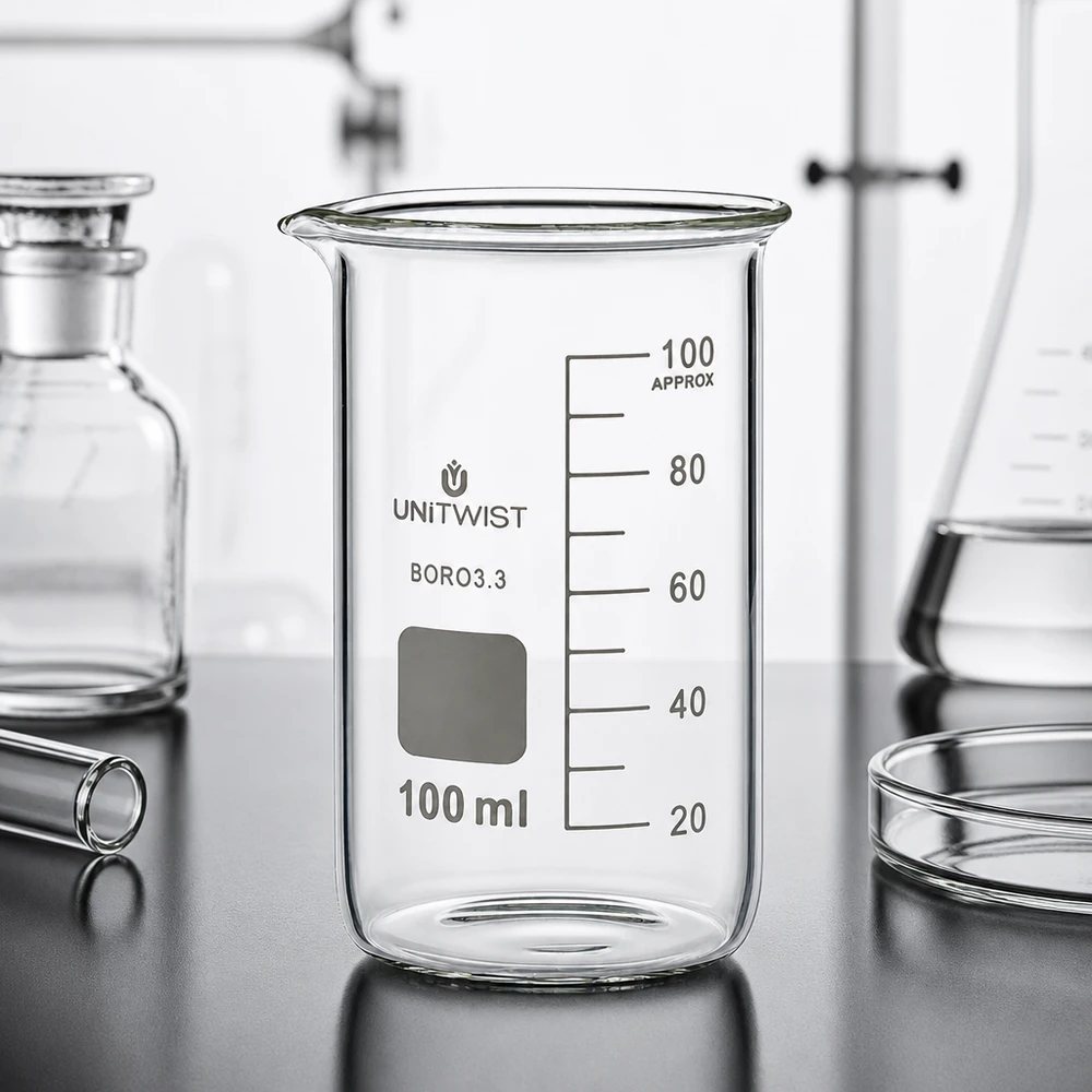 100ml borosilikaattilasi, korkea muoto UNiTWIST. UNITWIST-lasimuki, 100 ml, korkea malli, borosilikaatti 3.3, tyhjä, laboratoriopöydällä laboratoriolaitteiden keskellä