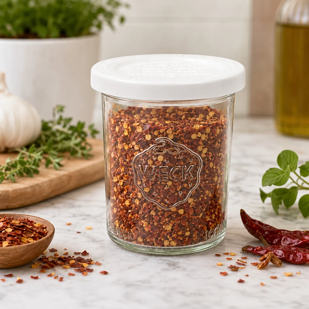 WECK 160ml Sturzglas RR60 mit Chili-Gewürzmischung gefüllt als Gewürzdose in moderner Küche mit Kräutern