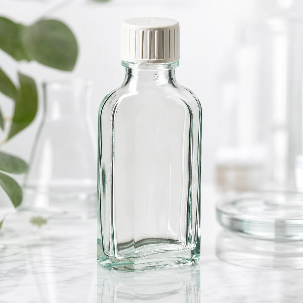 50 ml:n Meplat-pullo kirkkaasta lasista, valkoisella kierrekorkilla ja kaatorenkaalla