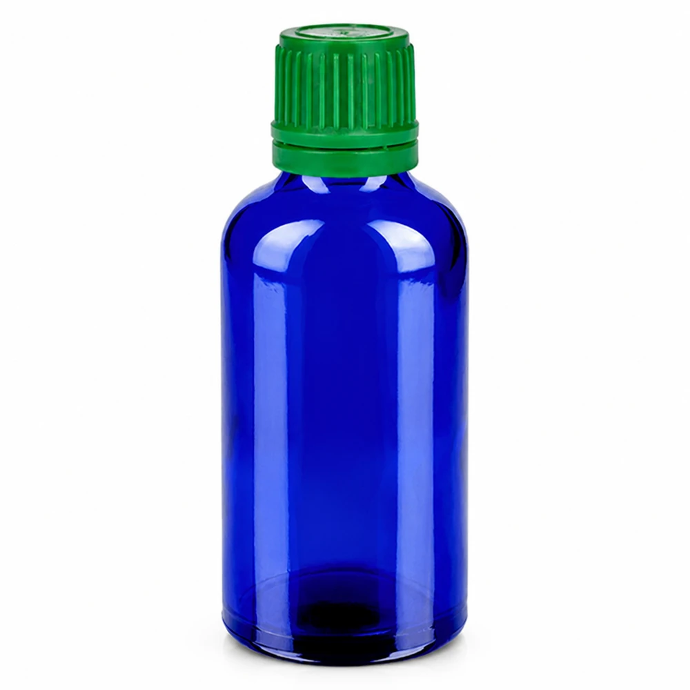 Sininen 50ml lasipullo vihreällä kierrekorkilla eteerisille öljyille ja kosmetiikalle.