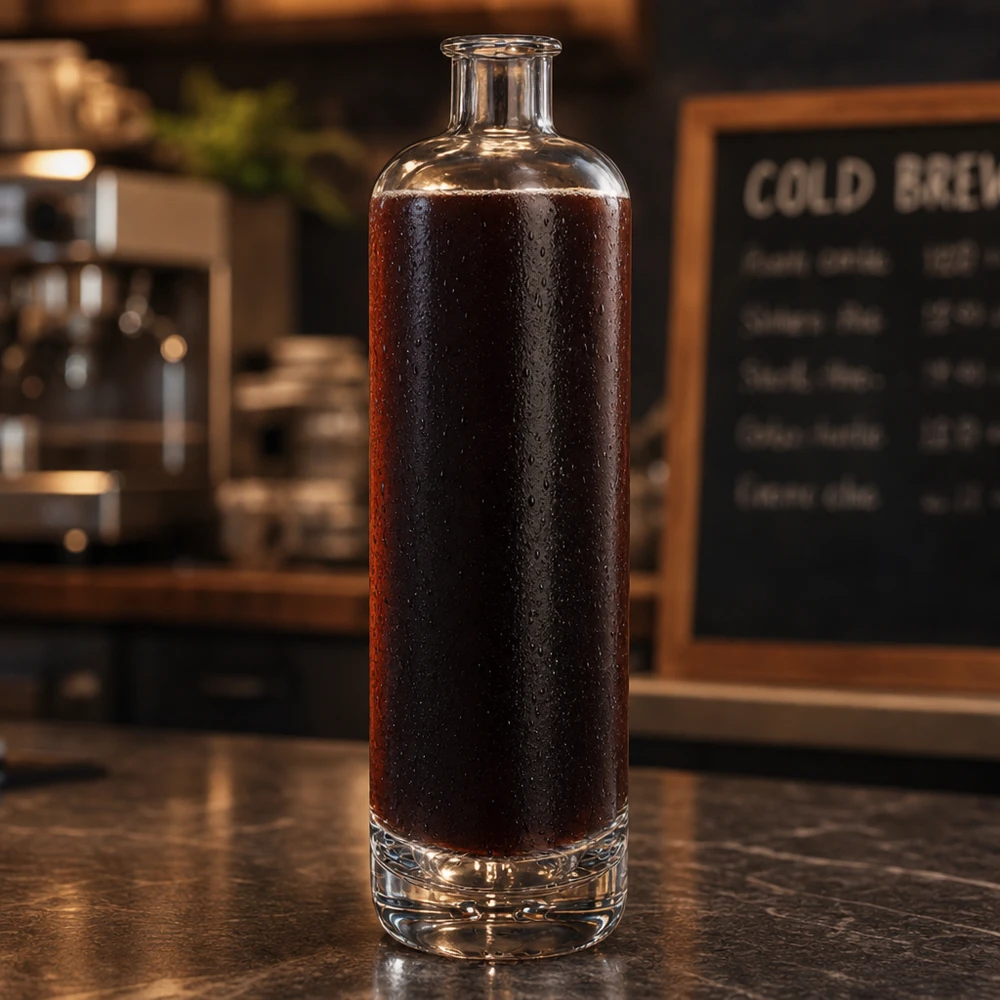700 ml:n lasipullo Ella UNiTWISTia täytettynä kylmällä kahvilla tummalla kahvilan tiskillä, taustalla ruokalistan taulukko.