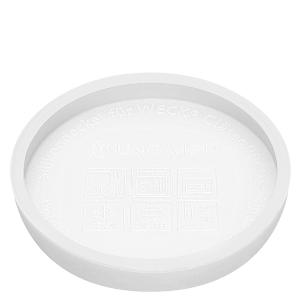 165ml juomalasit WECK RR80 silikonikannella valkoinen UNiTWIST silikonikansi valkoinen WECK-purkkeihin RR80 alapuolella valmistajan kohokuvio ja tuotenimi.
