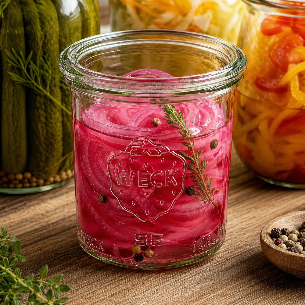 WECK 140 ml:n pyöreä purkki lasikannella RR60 | Huippulaatuinen WECK Sturzglas 140ml RR60 mit eingelegten roten Zwiebeln Kräutern Pfefferkörnern neben anderen Einmachgläsern