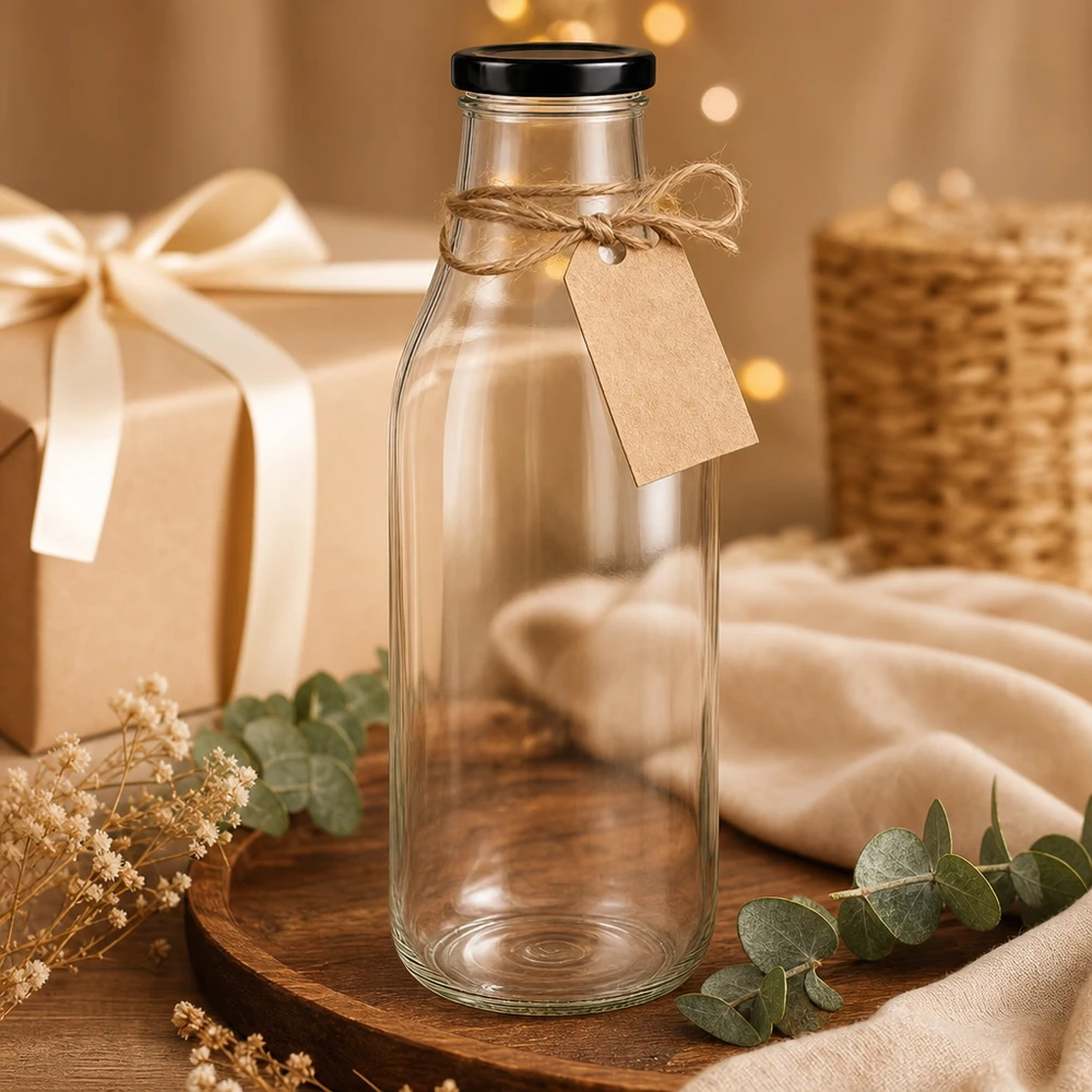 1000ml lasipullo + BasicSeal-kansi musta UNiTWIST 1000ml lasipullo mustalla kannella lahjaksi, koristeltu raffia nauhalla ja voimapaperilapulla.